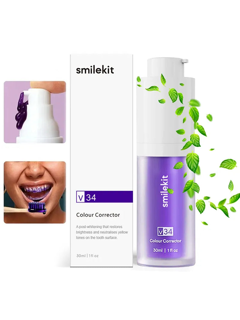 Smilekit V34 Purple Toothpaste Color Corrector Teeth Cleans Oral Cavity Keep Refreshing Yellow Stain Reduction Whitening Product